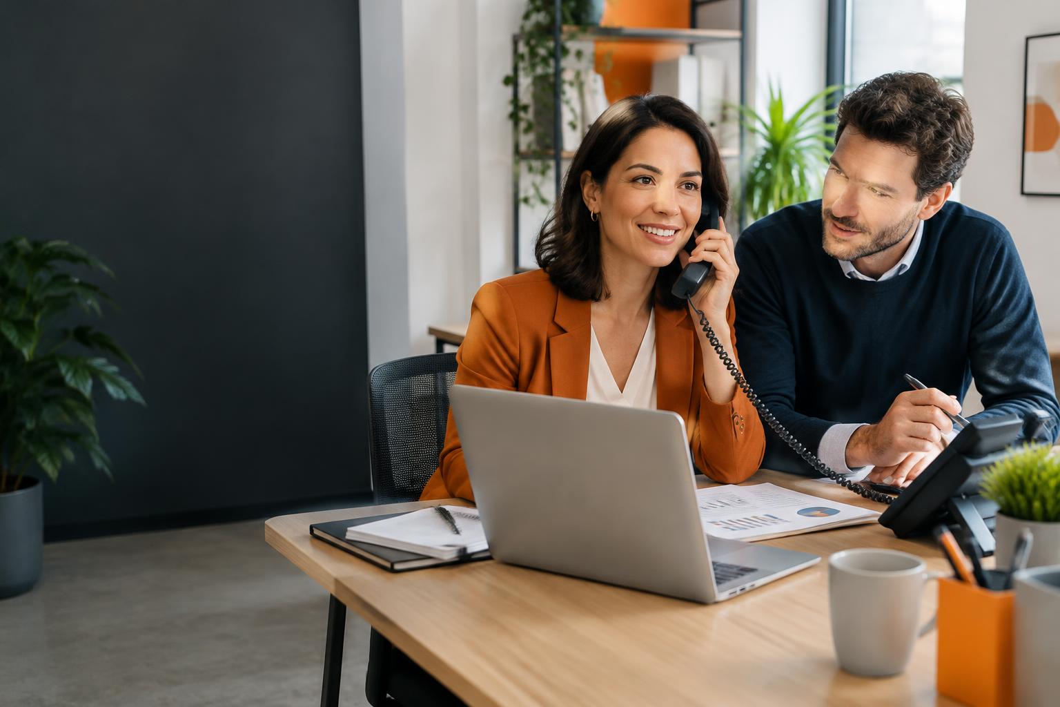 Deux professionnels échangent dans un bureau lumineux